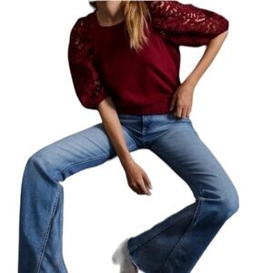 NWT Dolan Burgundy Wine Blouse with Lacy Puff Sleeves Size Small